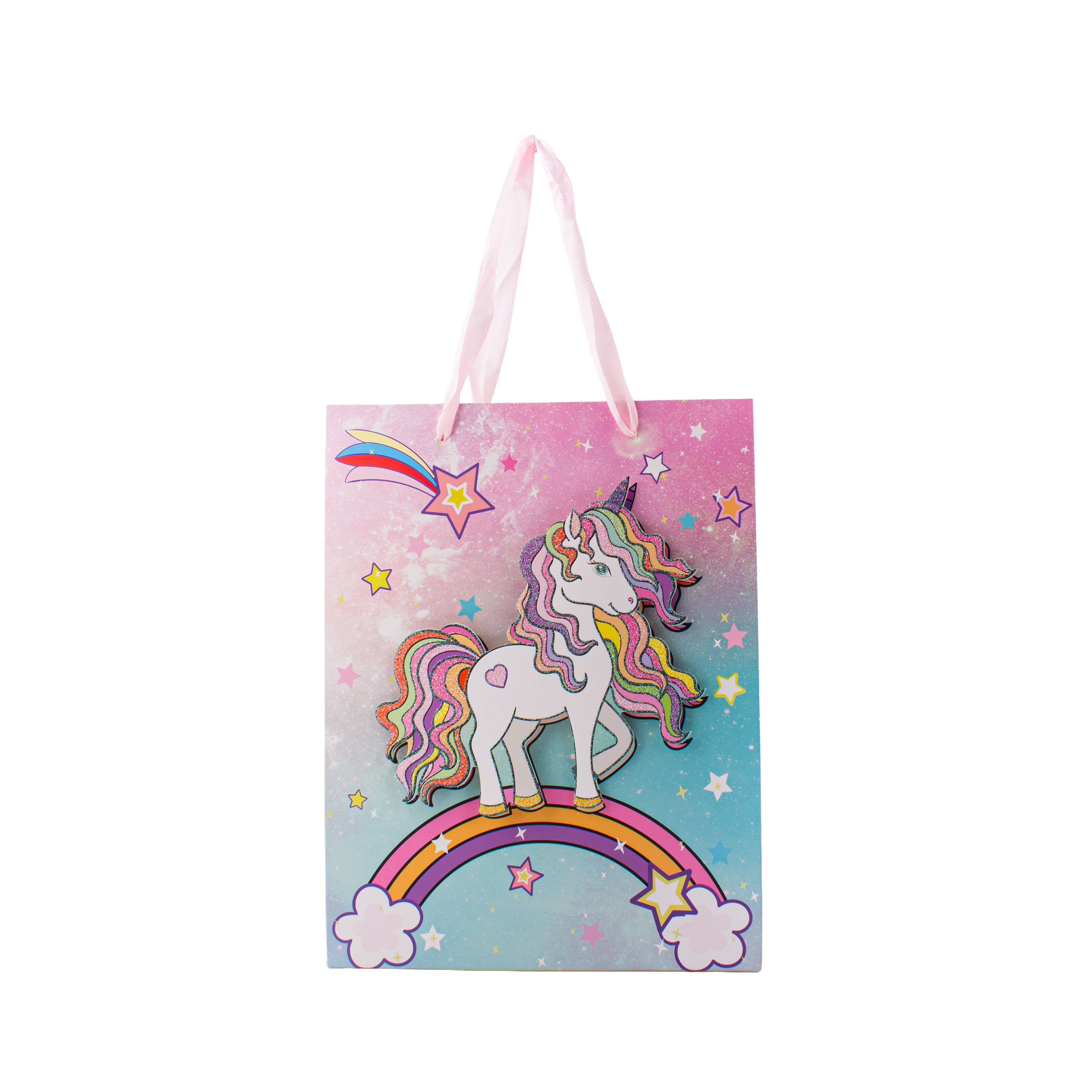 3D Glitter Paper Gift Bag Unicorn Pastel 23 X 18 X 10cm 1pc