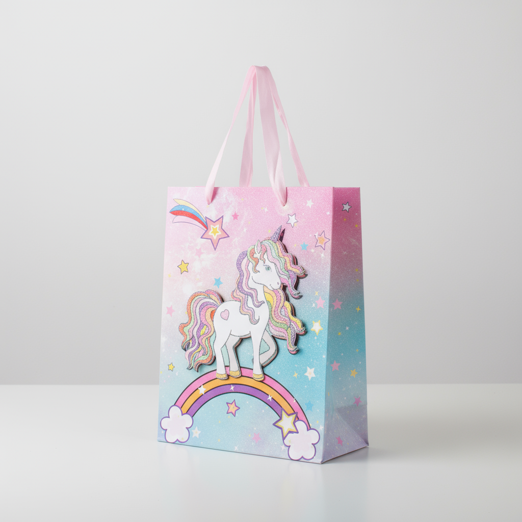 3D Glitter Paper Gift Bag Unicorn Pastel 23 X 18 X 10cm 1pc