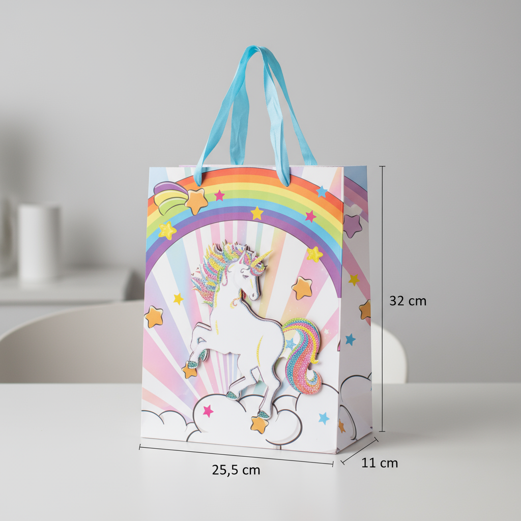 3D Glitter Paper Gift Bag Unicorn Rainbow 32 X 25.5 X 11cm 1pc