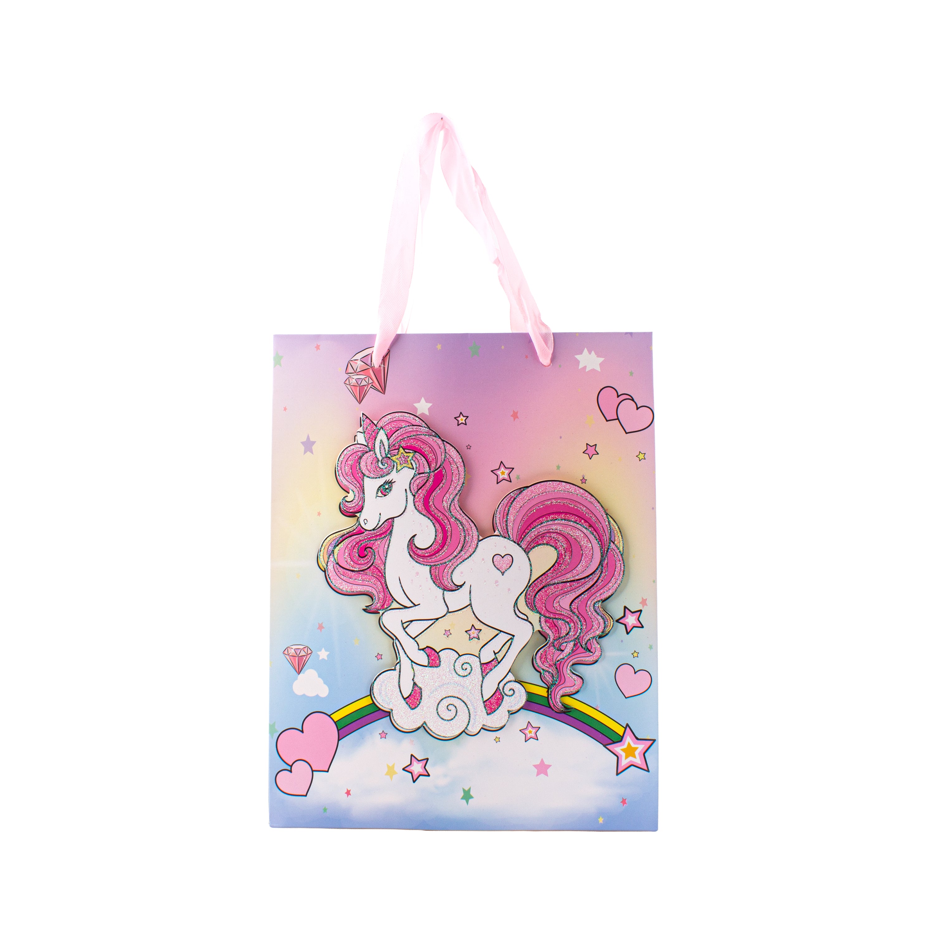 3D Glitter Paper Gift Bag Unicorn Magical Pink 32 X 25.5 X 11cm 1pc