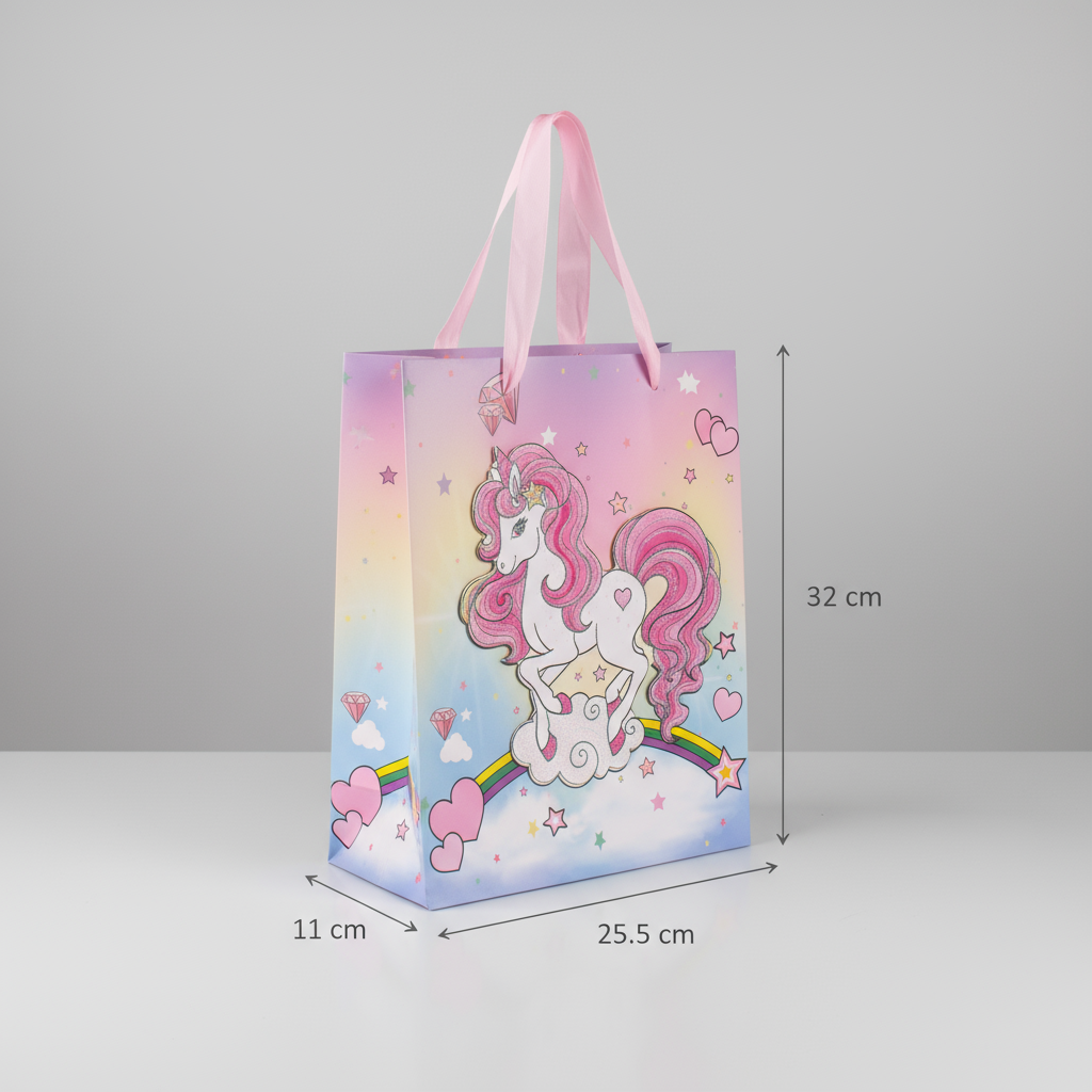 3D Glitter Paper Gift Bag Unicorn Magical Pink 32 X 25.5 X 11cm 1pc