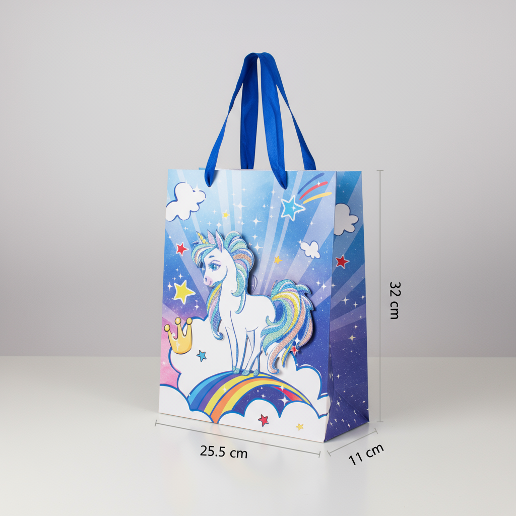 3D Glitter Paper Gift Bag Unicorn Magical Blue 32 X 25.5 X 11cm 1pc