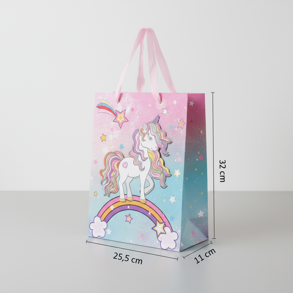 3D Glitter Paper Gift Bag Unicorn Pastel 32 X 25.5 X 11cm 1pc