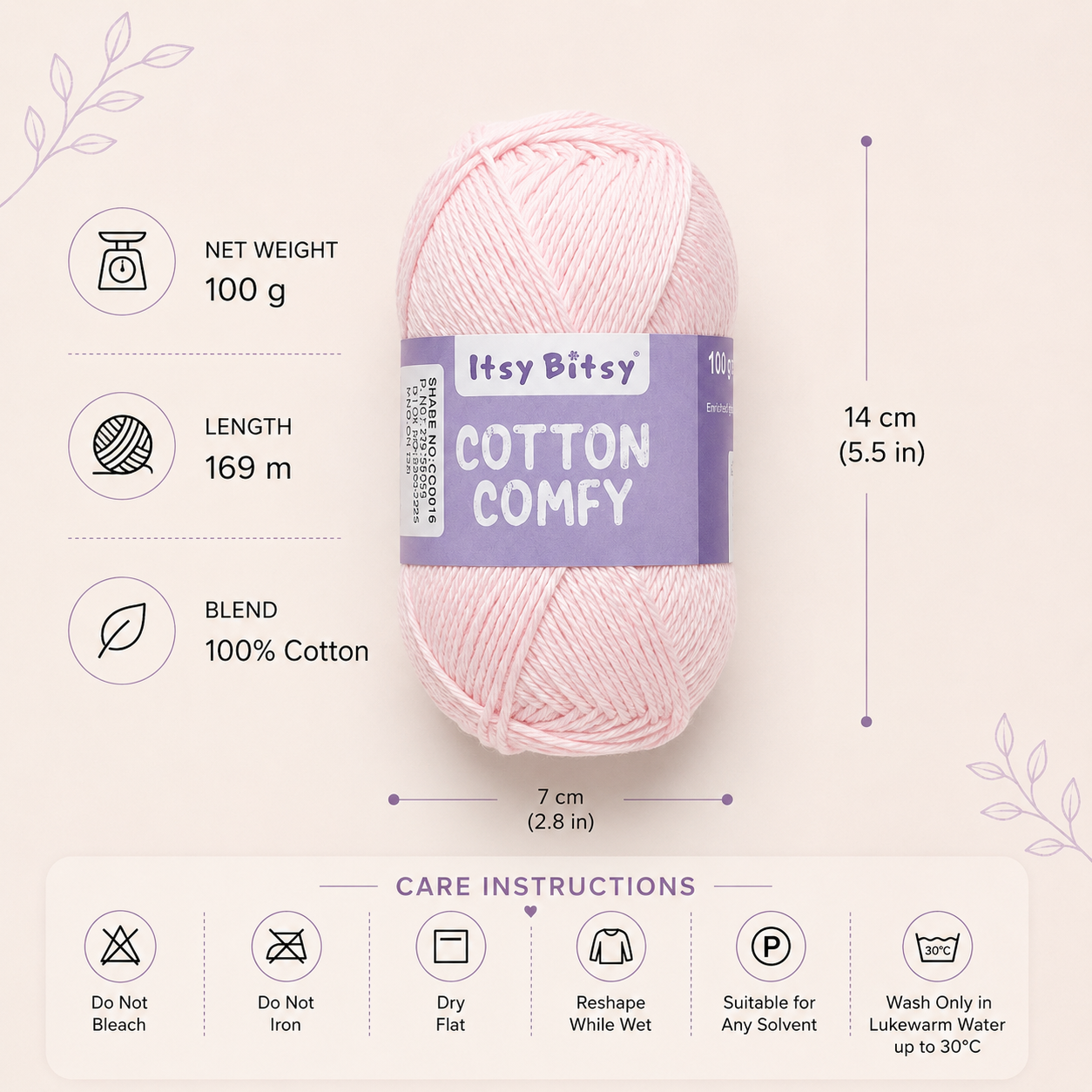 Cotton Comfy Knitting/Crochet Yarn 100% Cotton Baby Pink 169m 100g