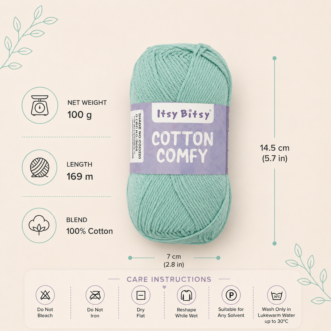 Cotton Comfy Knitting/Crochet Yarn 100% Cotton Mint Blue 169m 100g