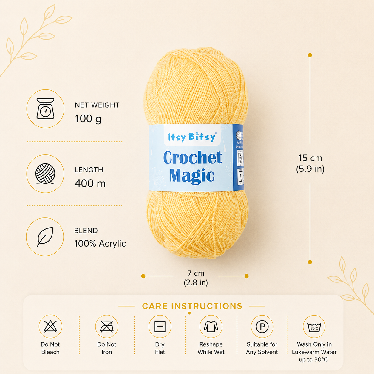 Crochet Magic Knitting/Crochet Yarn 100% Acrylic Lemon 400m 100g