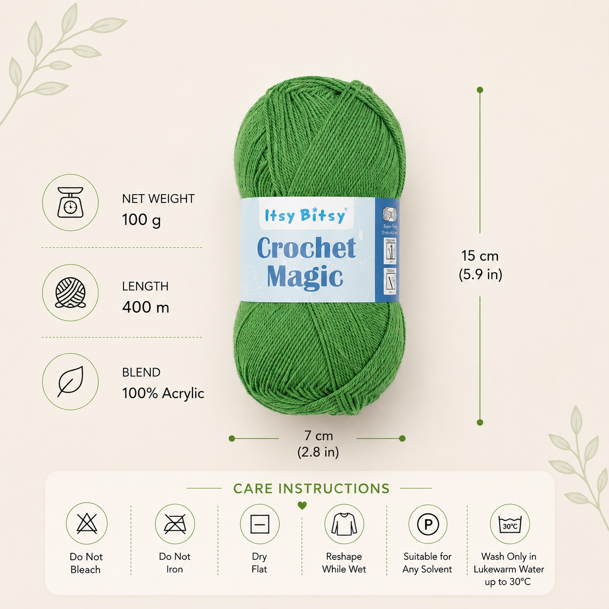 Crochet Magic Knitting/Crochet Yarn 100% Acrylic Fern Green 400m 100g