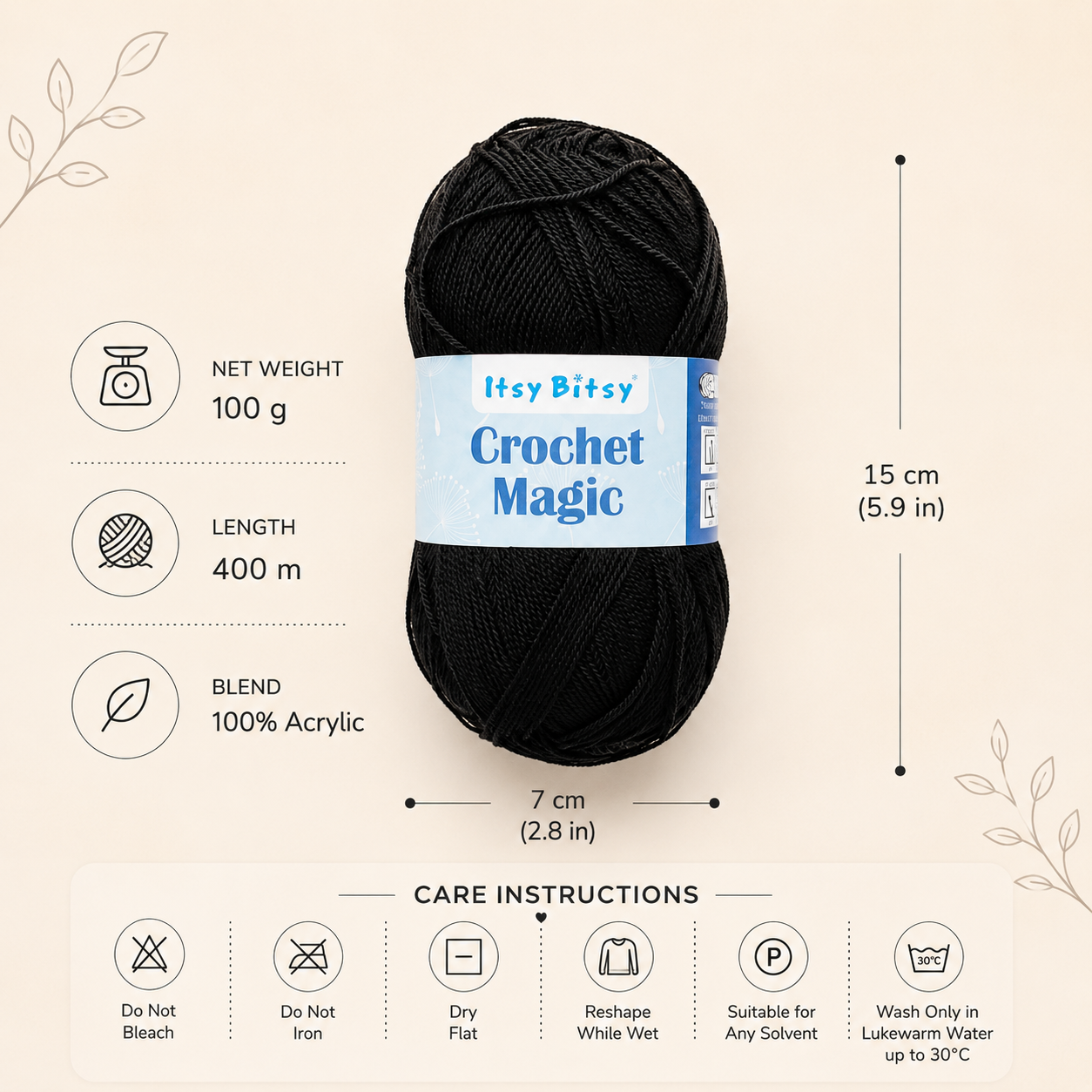 Crochet Magic Knitting/Crochet Yarn 100% Acrylic Jet Black 400m 100g