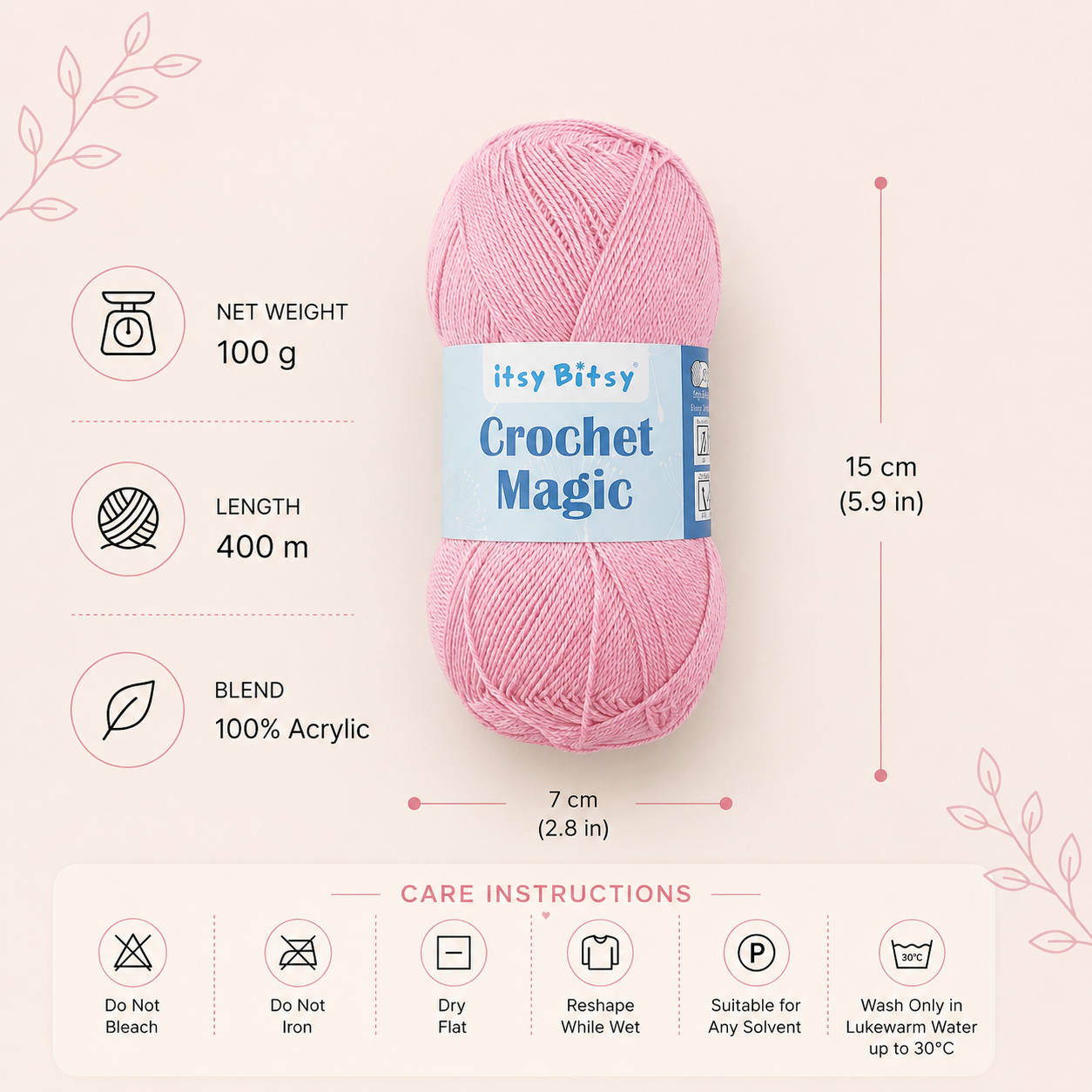 Crochet Magic Knitting/Crochet Yarn 100% Acrylic Baby Pink 400m 100g