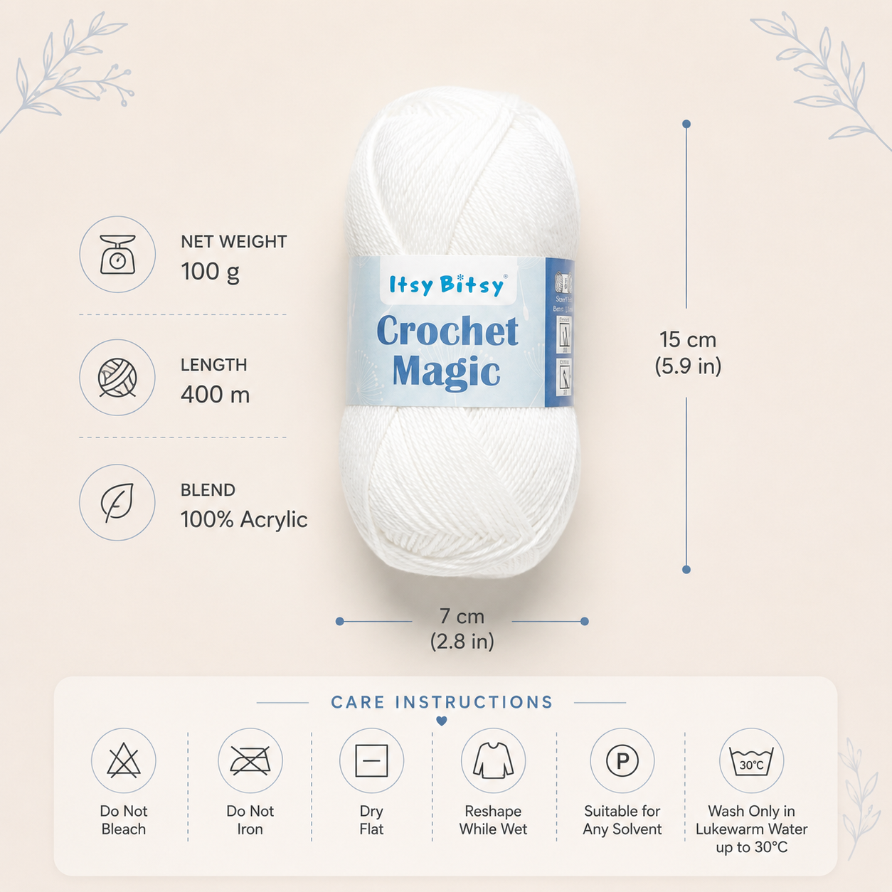 Crochet Magic Knitting/Crochet Yarn 100% Acrylic Snow White 400m 100g