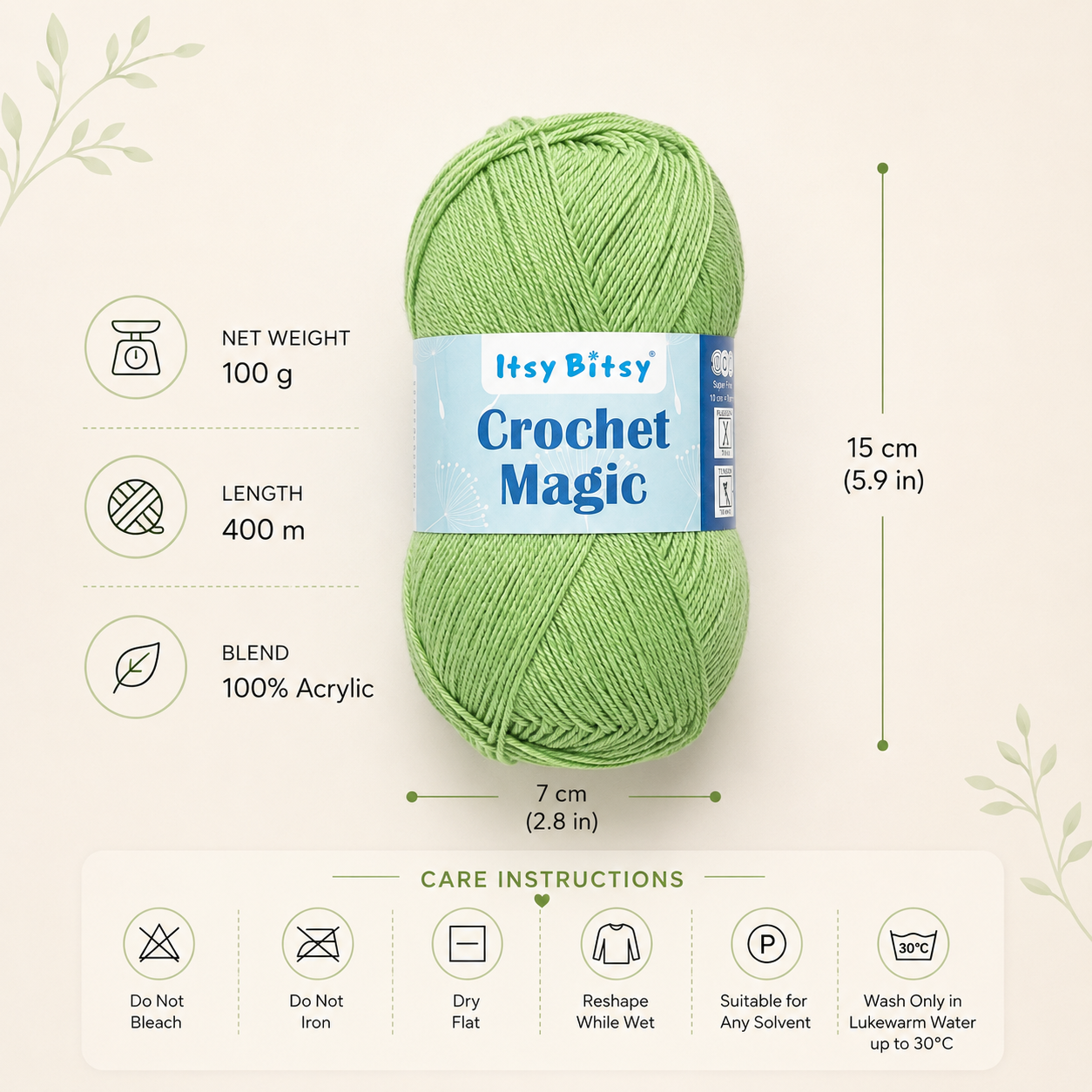 Crochet Magic Knitting/Crochet Yarn 100% Acrylic Spring Green 400m 100g