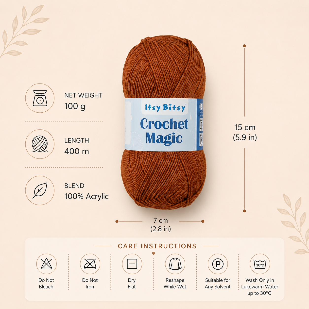 Crochet Magic Knitting/Crochet Yarn 100% Acrylic Cinnamon 400m 100g