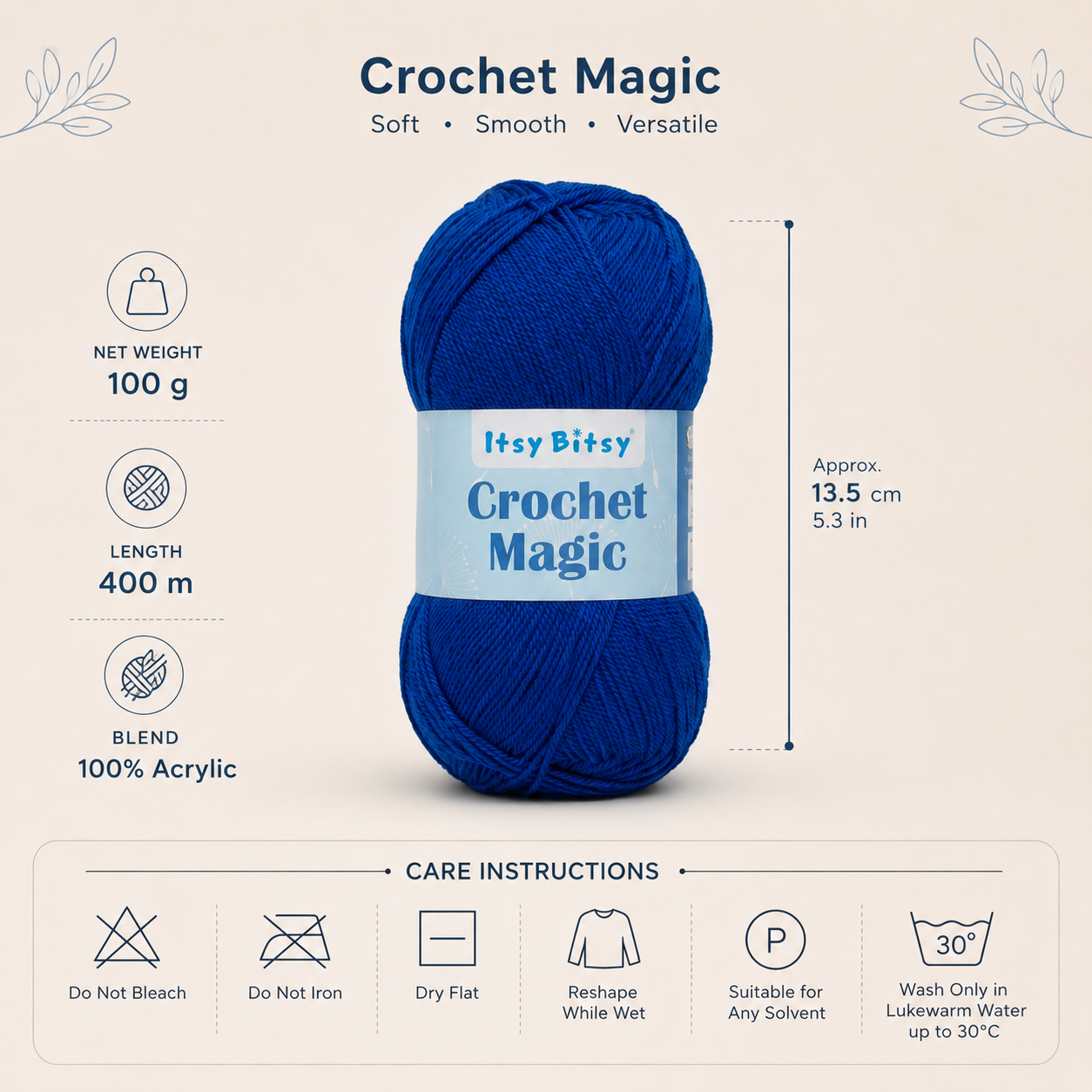 Crochet Magic Knitting/Crochet Yarn 100% Acrylic Royal Blue 400m 100g