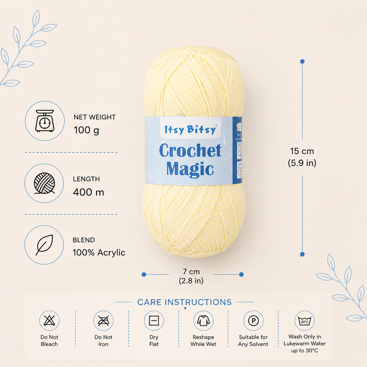Crochet Magic Knitting/Crochet Yarn 100% Acrylic Lemon Cream 400m 100g