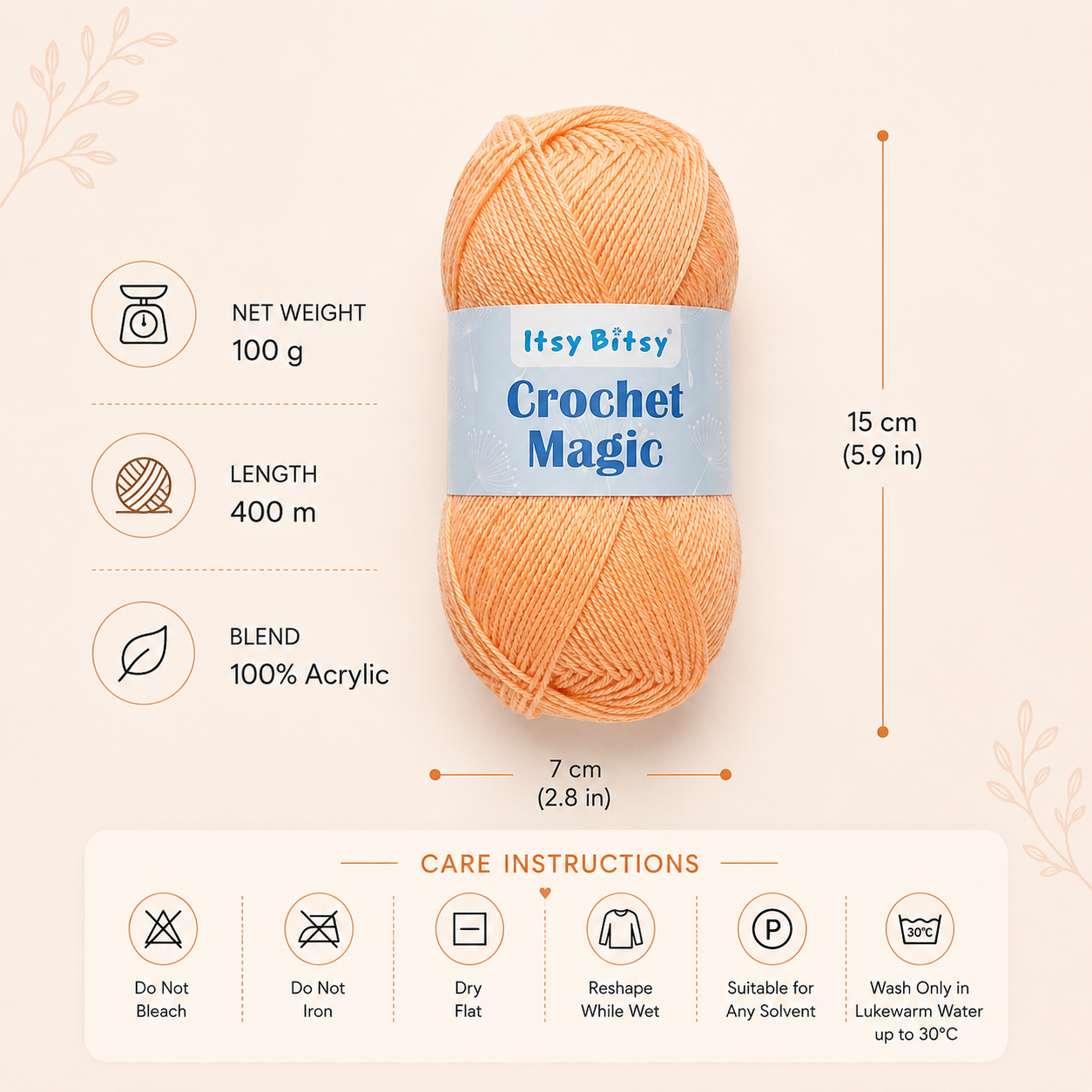 Crochet Magic Knitting/Crochet Yarn 100% Acrylic Light Peach 400m 100g