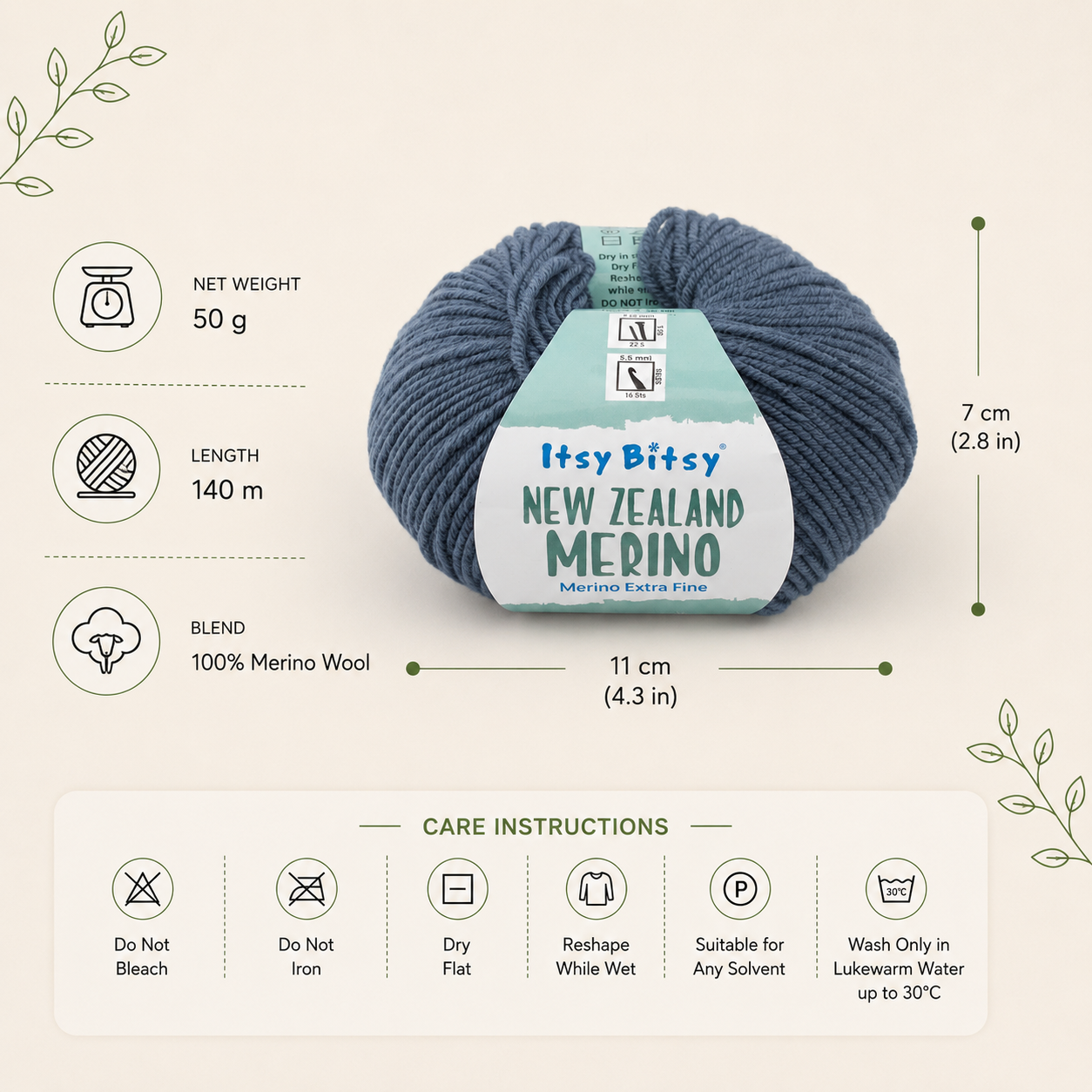 New Zealand Merino Knitting/Crochet Yarn 100% Merino Wool Blue 140m 50g