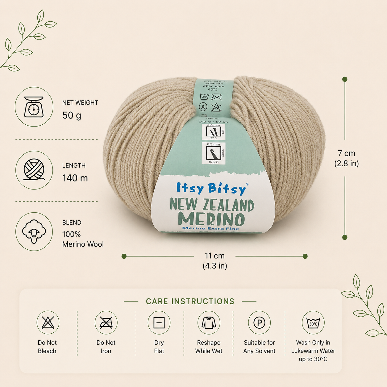 New Zealand Merino Knitting/Crochet Yarn 100% Merino Wool Sage Green 140m 50g