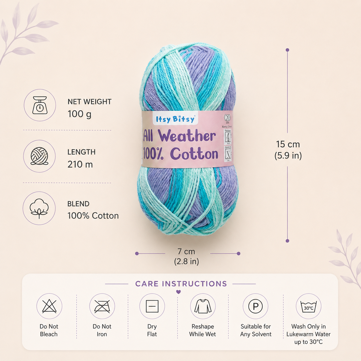 All Weather 100% Cotton Knitting/Crochet Yarn Aqua Orchid 210m 100g
