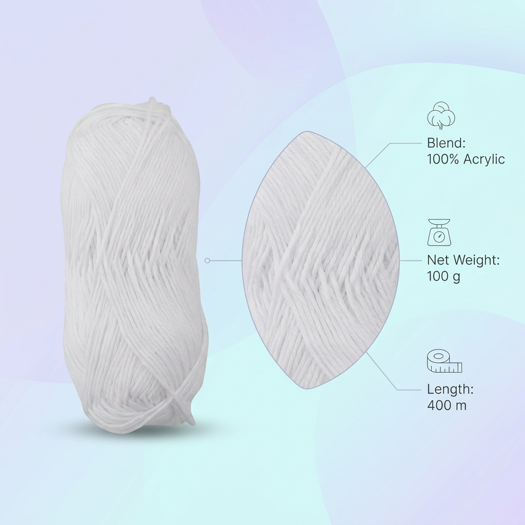 Pure Cotton Knitting/Crochet Yarn 100% Cotton Snow White 130m 50g