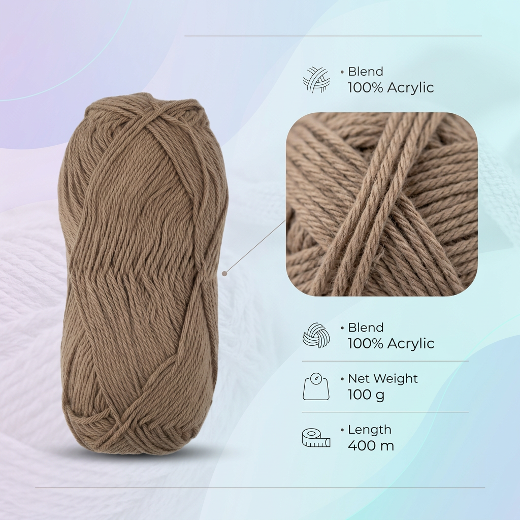 Pure Cotton Knitting/Crochet Yarn 100% Cotton Dark Beige 130m 50g
