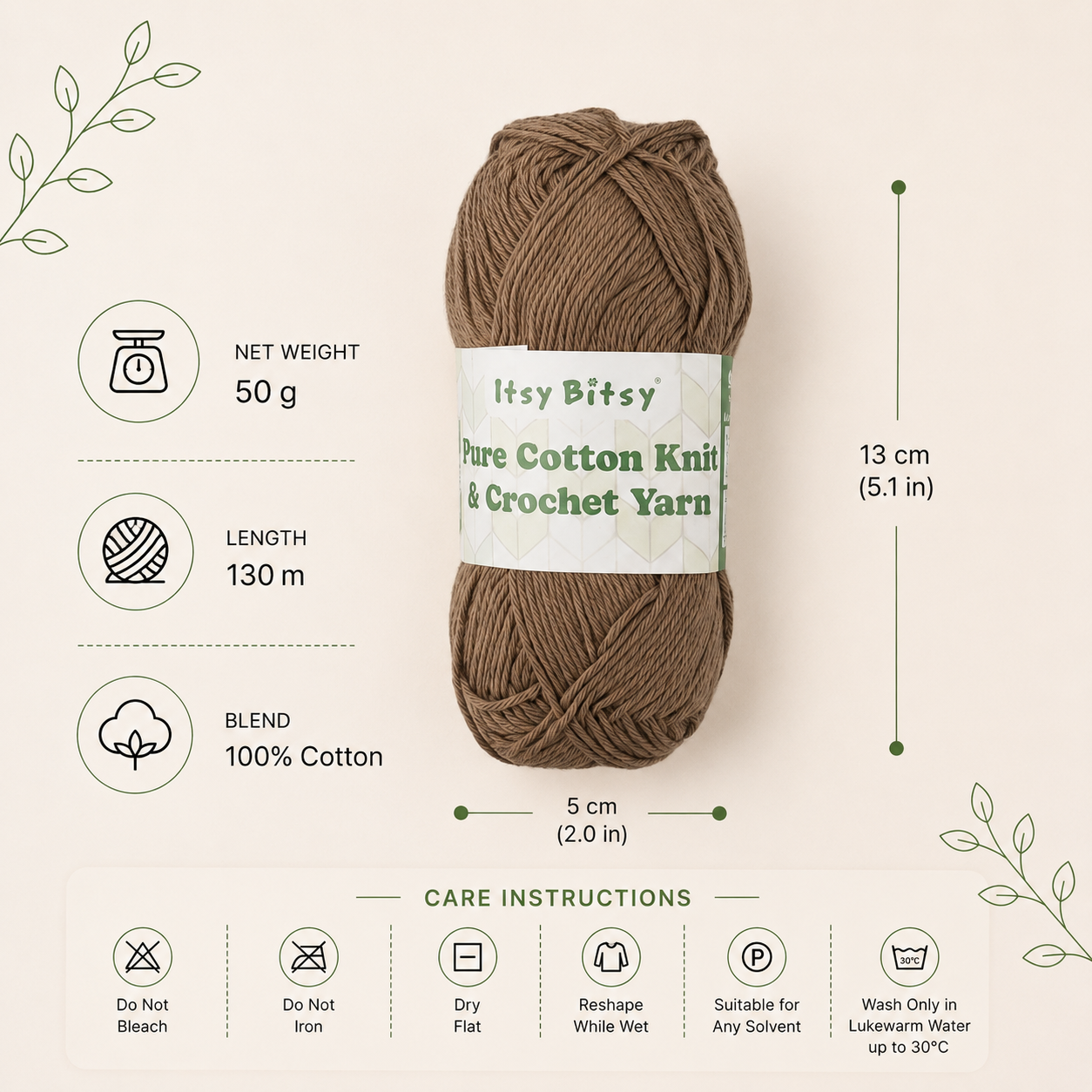 Pure Cotton Knitting/Crochet Yarn 100% Cotton Dark Beige 130m 50g