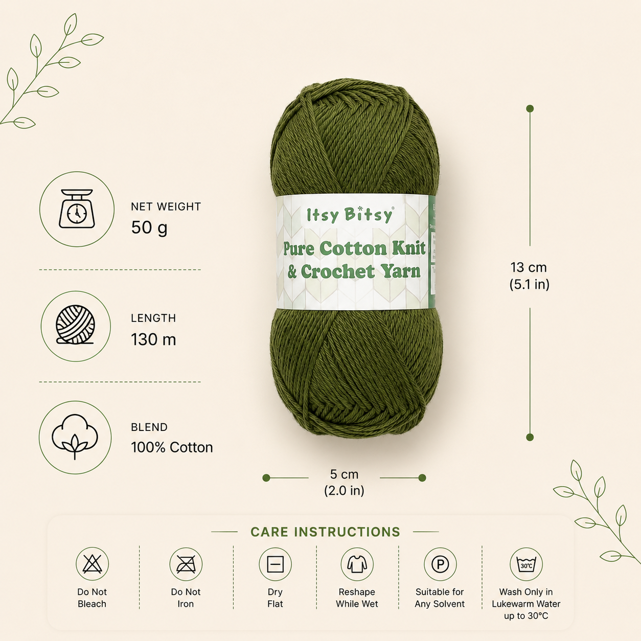 Pure Cotton Knitting/Crochet Yarn 100% Cotton Moss Green 130m 50g