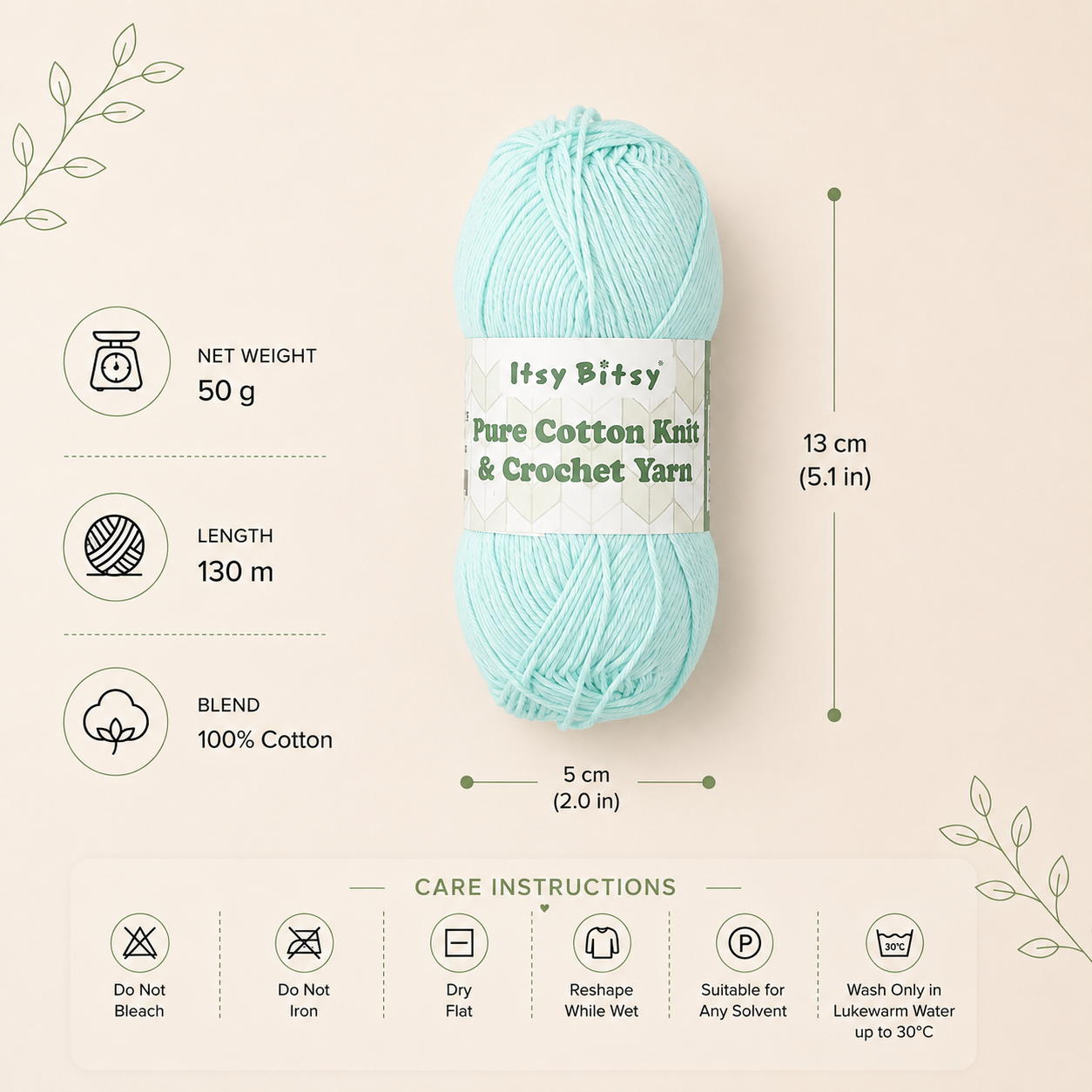 Pure Cotton Knitting/Crochet Yarn 100% Cotton Pale Turquoise 130m 50g