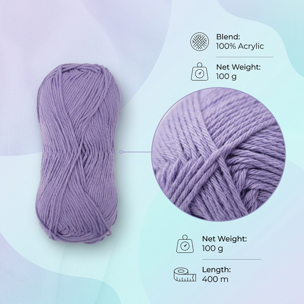 Pure Cotton Knitting/Crochet Yarn 100% Cotton Pastel Purple 130m 50g