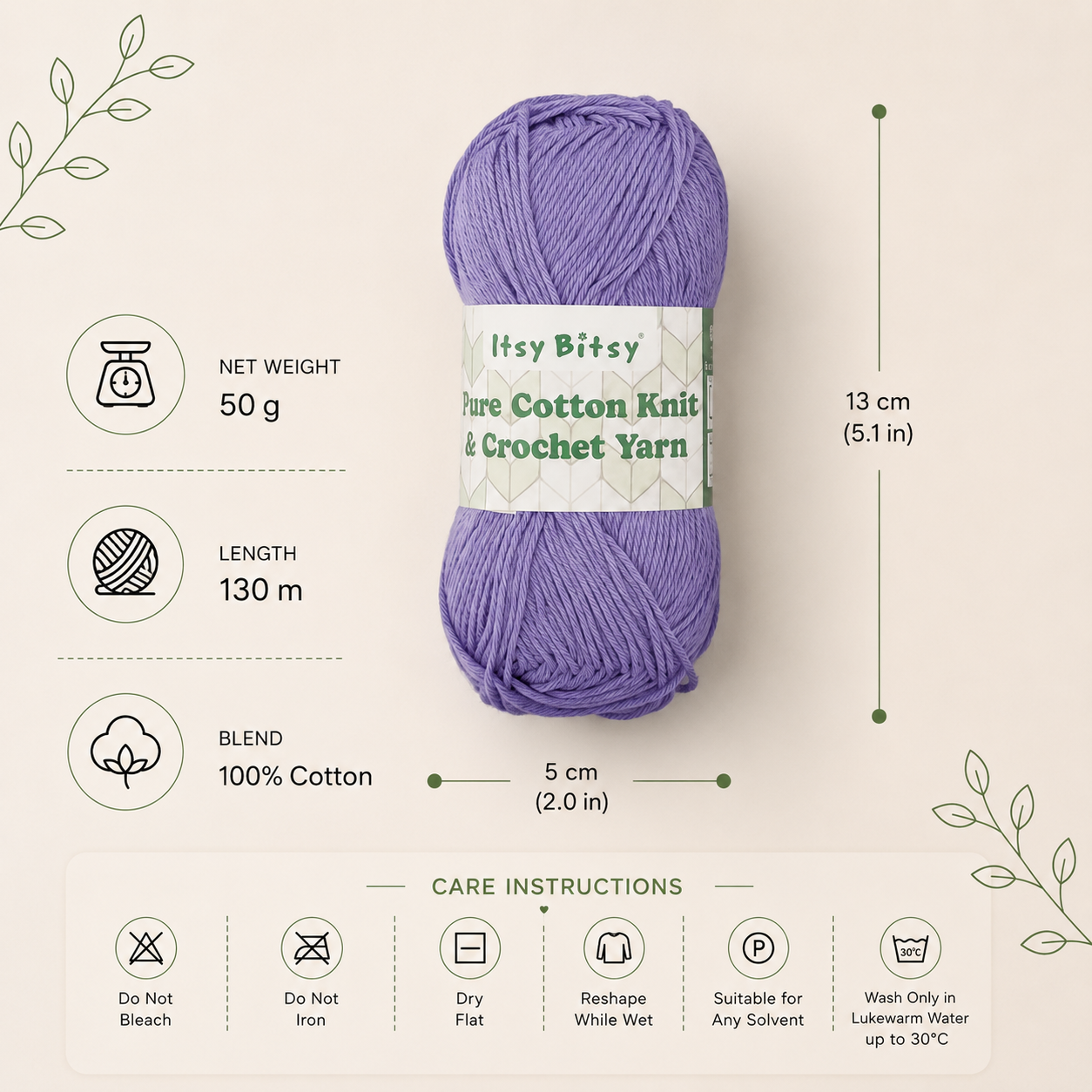 Pure Cotton Knitting/Crochet Yarn 100% Cotton Pastel Purple 130m 50g