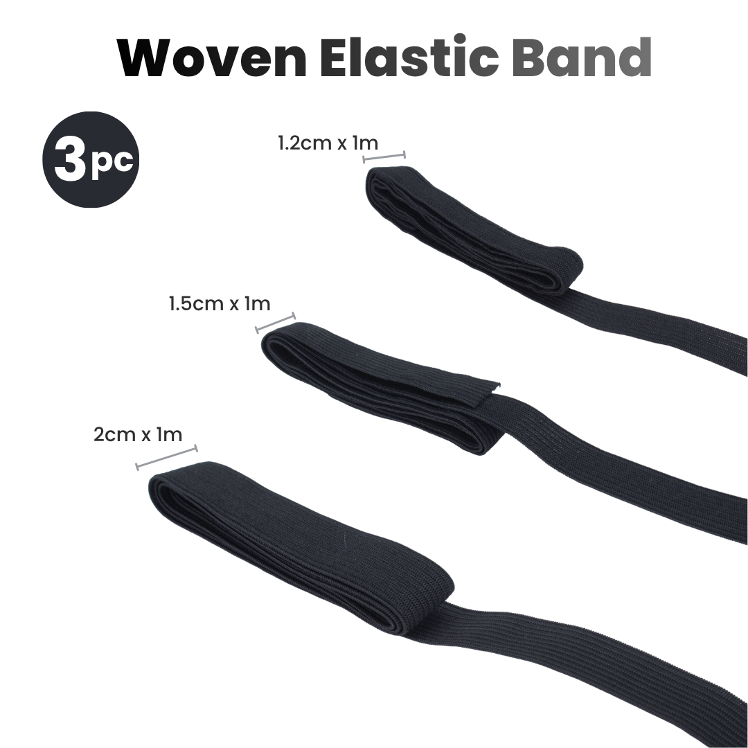 Woven Elastic Band Black 1.2cm X 1m, 1.5cm X 1m, 2cm X 1m 3pc Blister
