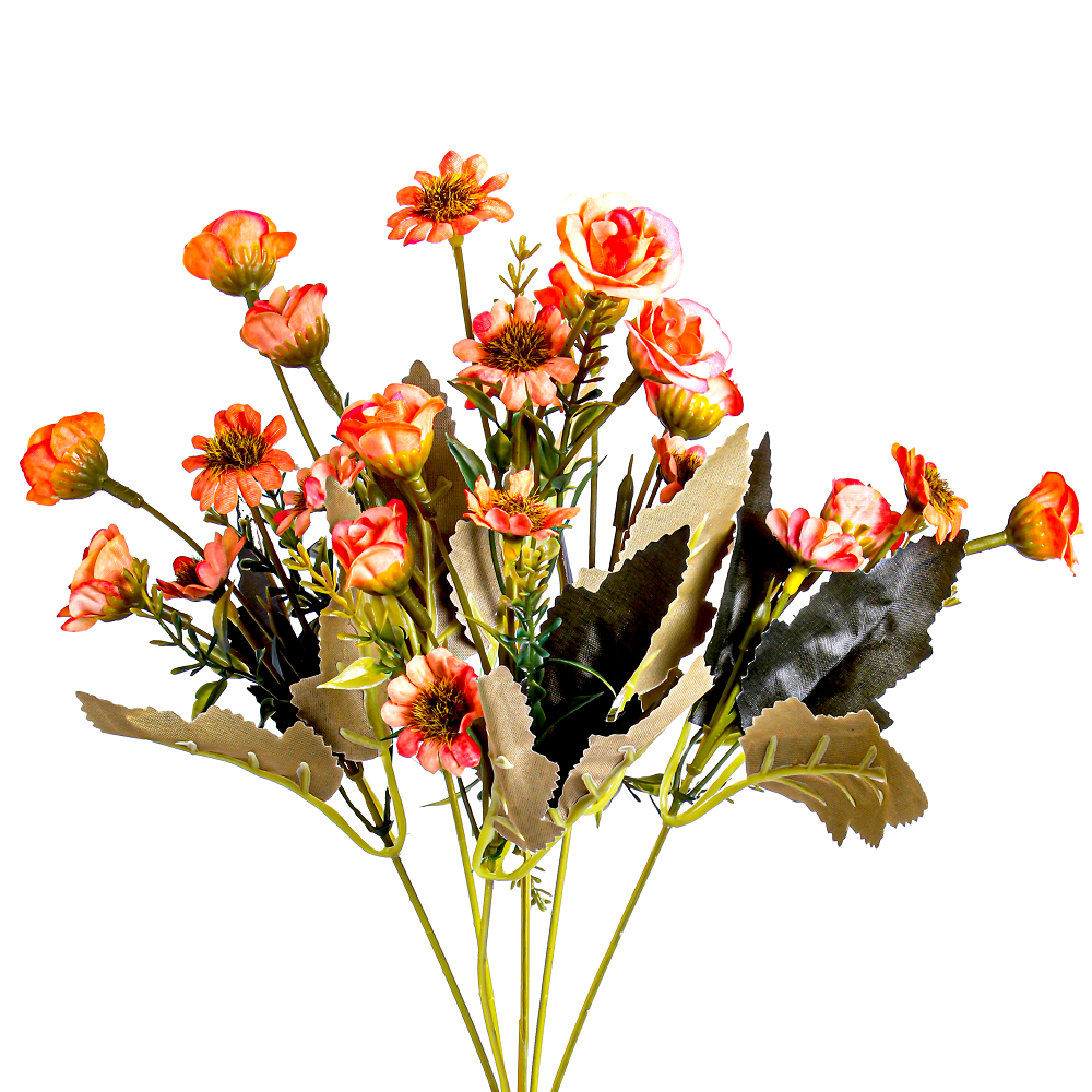 Artificial Flower Zinnia and Rose bunch Coral 9.5Inch