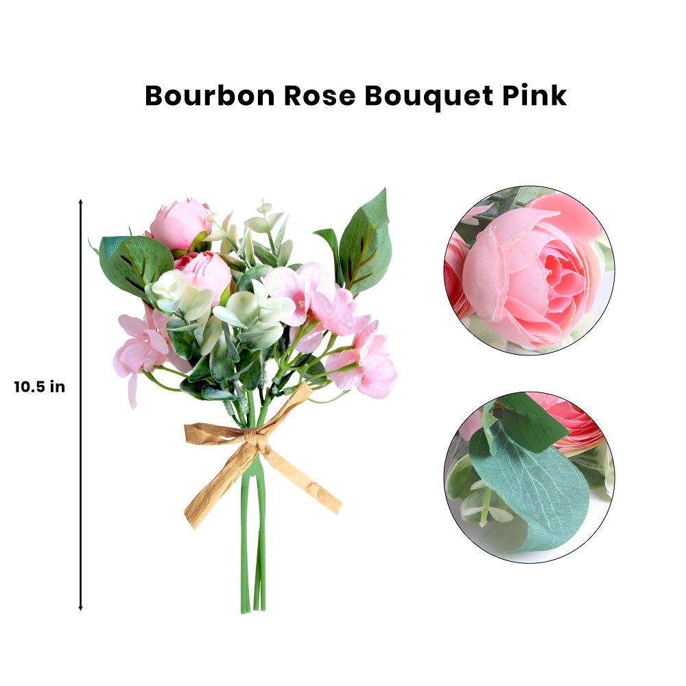Artificial Flower Bourbon Rose Bouquet Pink 10.5Inch