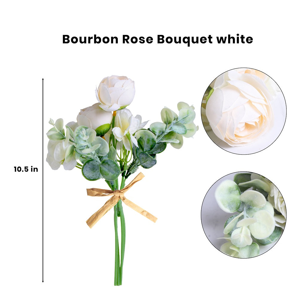 Artificial Flower Bourbon Rose Bouquet White 10.5Inch