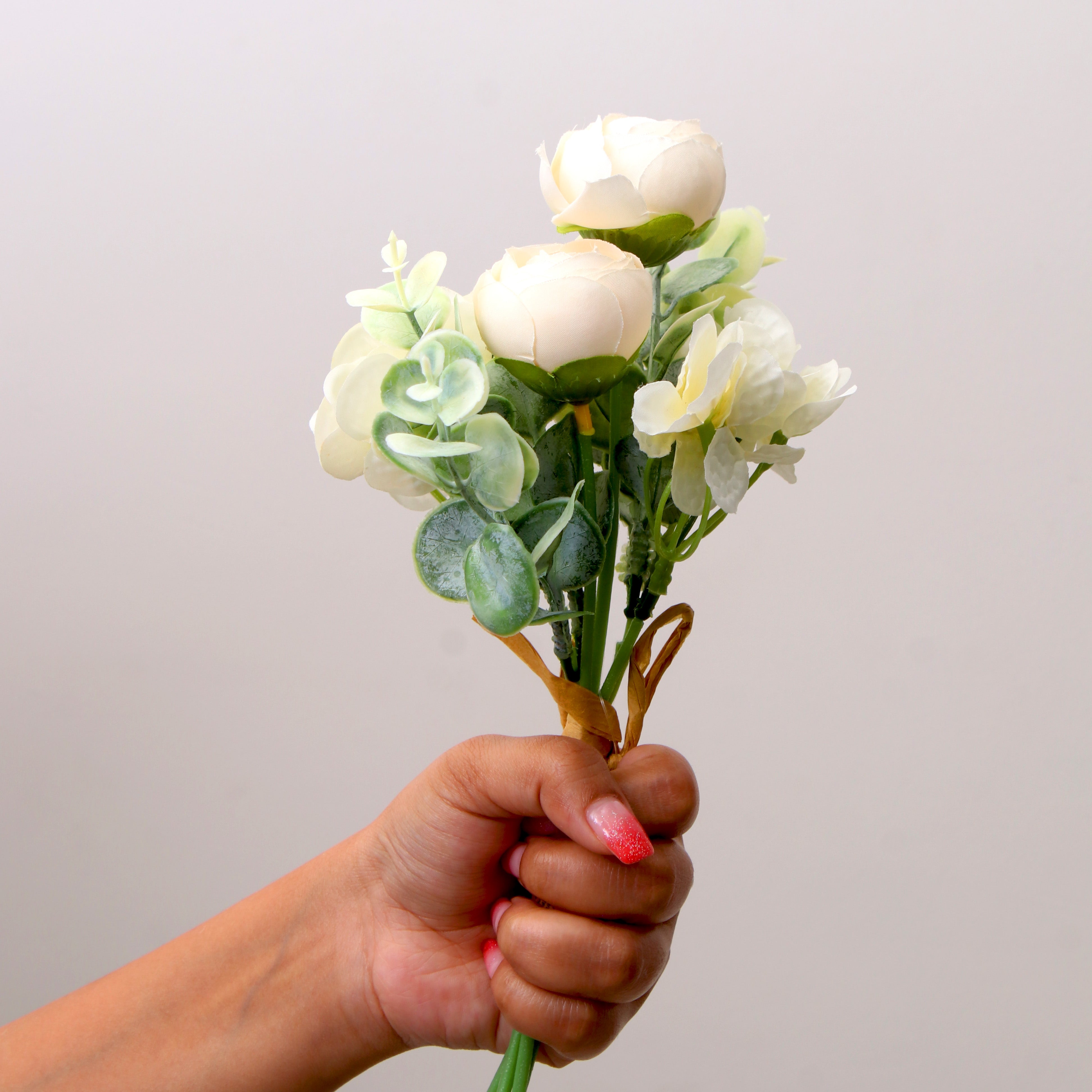 Artificial Flower Bourbon Rose Bouquet White 10.5Inch