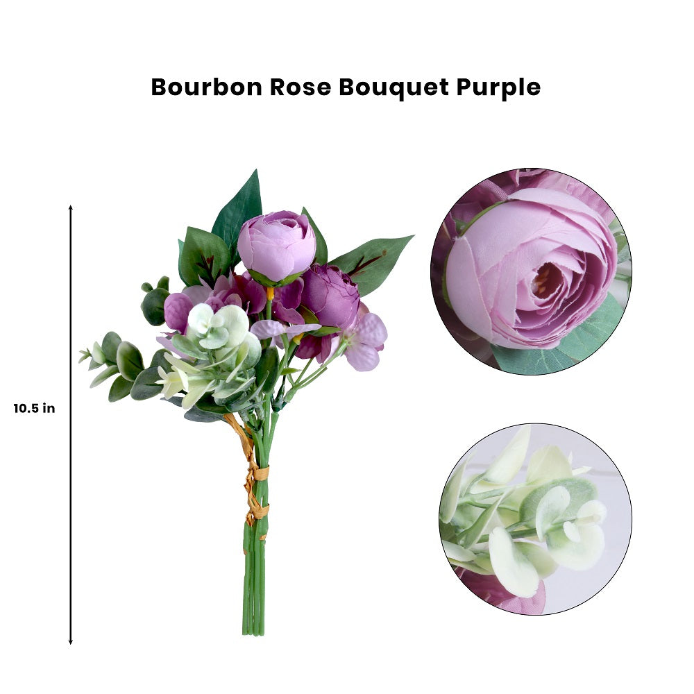 Artificial Flower Bourbon Rose Bouquet Purple 10.5Inch