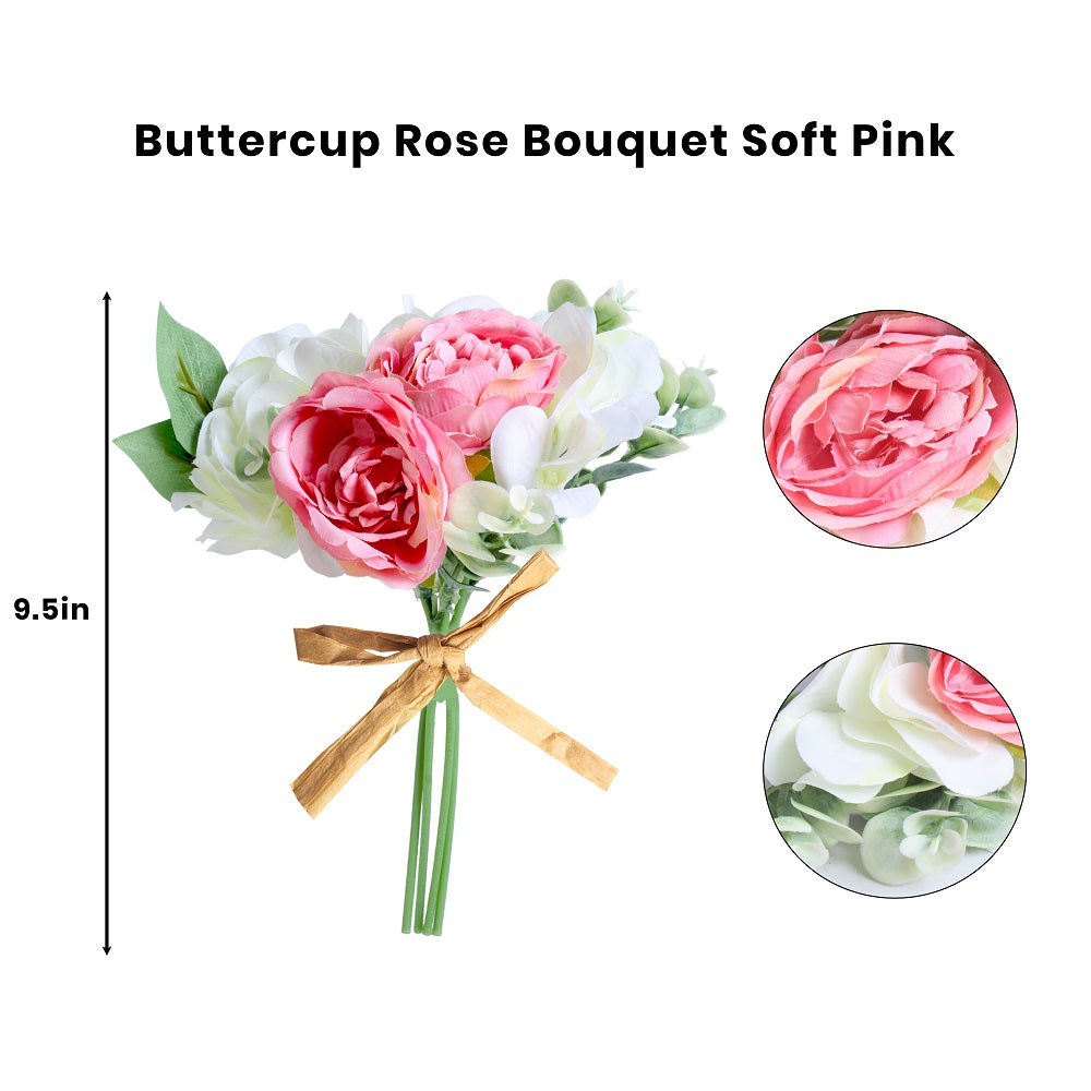 Artificial Flower Buttercup Rose Bouquet Soft Pink 9.5Inch