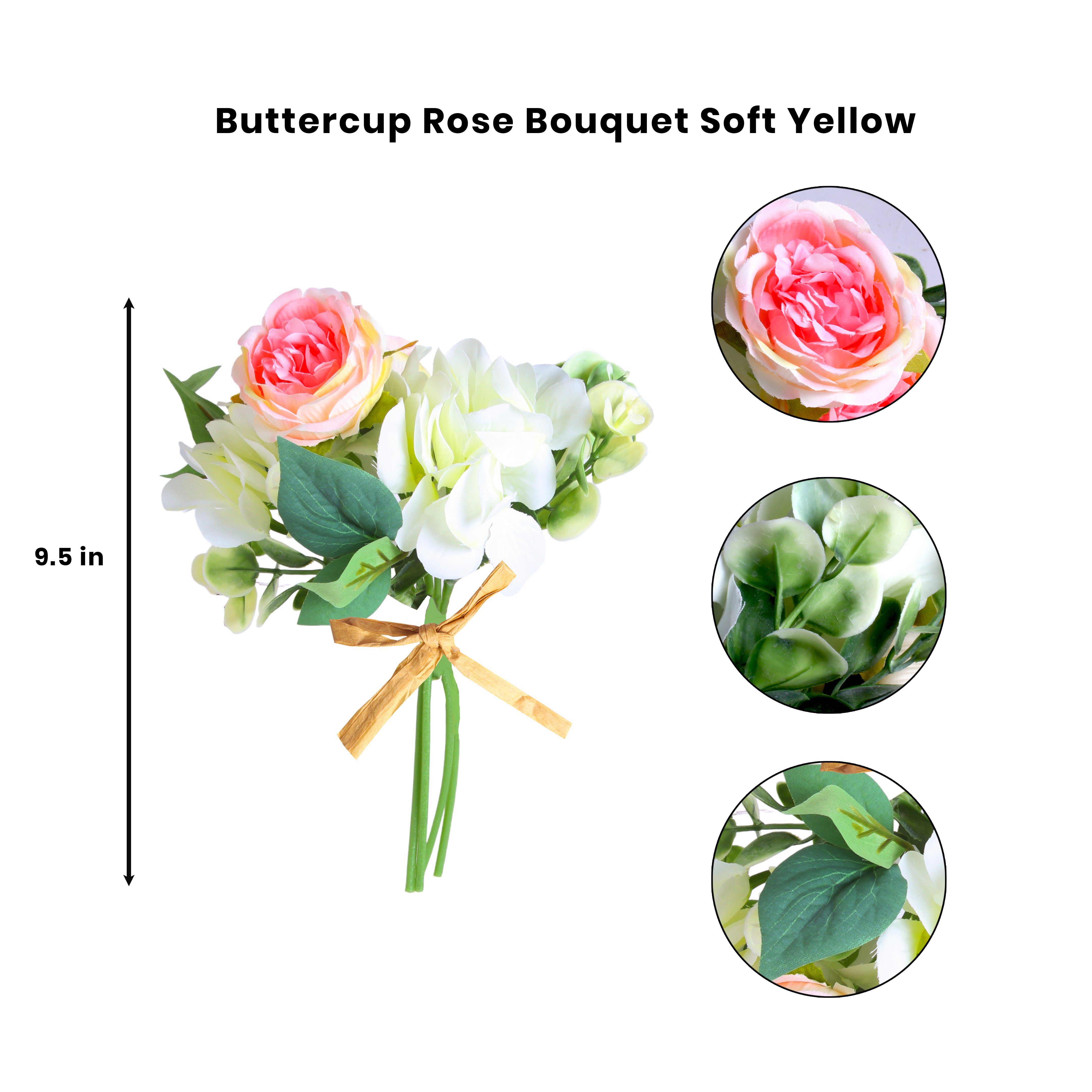 Artificial Flower Buttercup Rose Bouquet Soft Yellow 9.5Inch