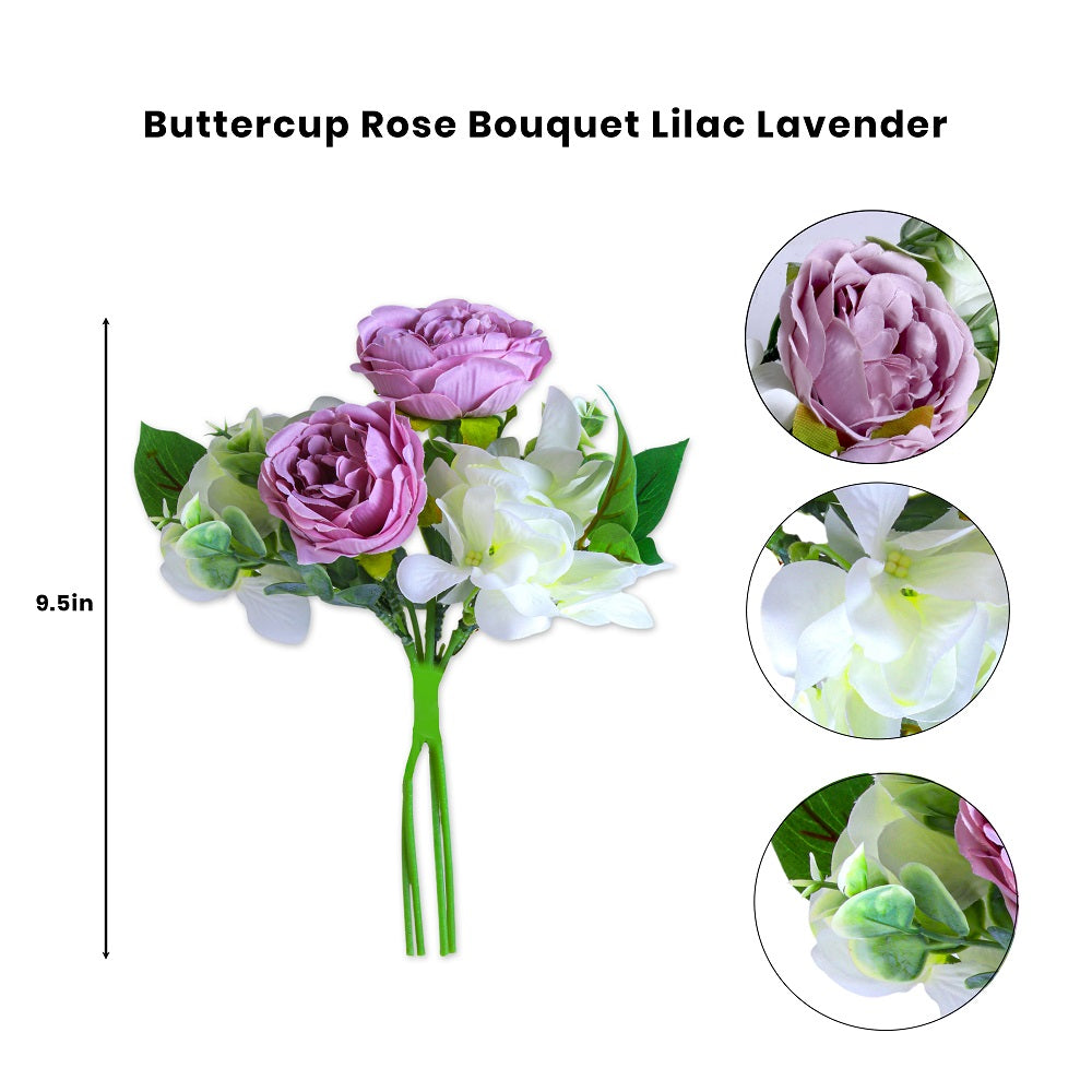 Artificial Flower Buttercup Rose Bouquet Lilac Lavender 9.5Inch