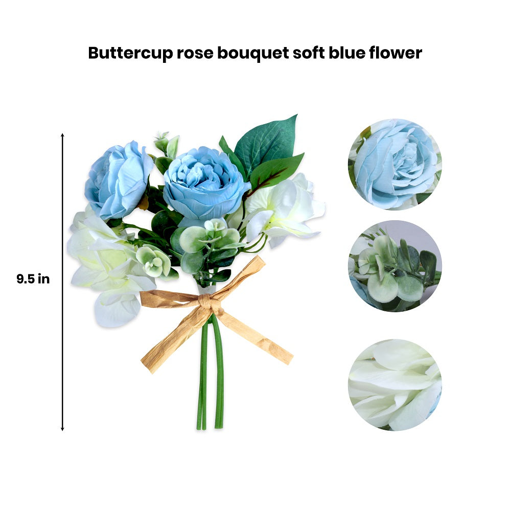 Artificial Flower Buttercup Rose Bouquet Soft Blue 9.5Inch