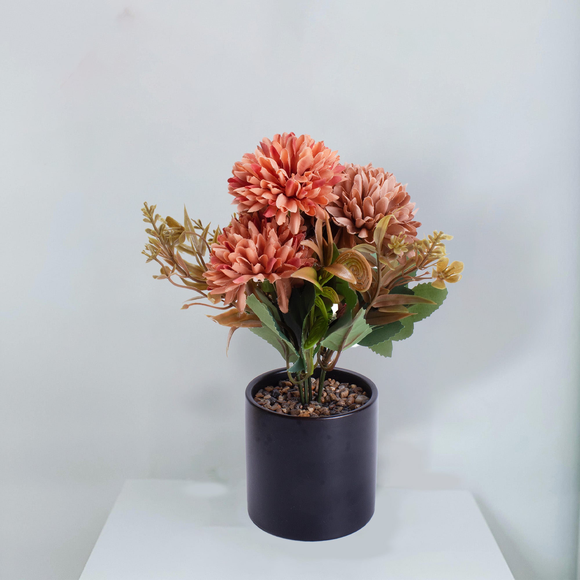 Artificial Flower in Ceramic Pot Chrysanthemums Coral Peach 9X5.5inch 1pc