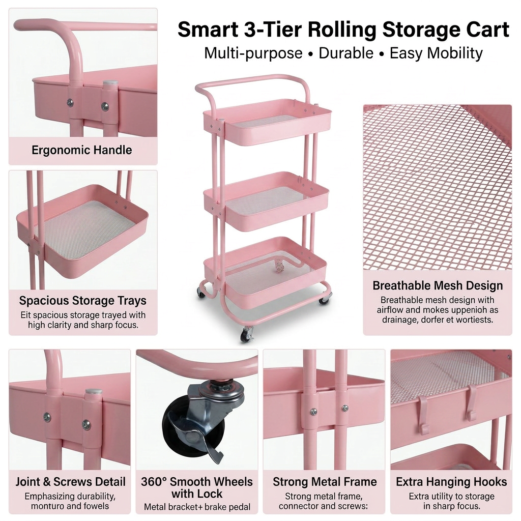 3-Layer Multipurpose Rolling Cart Light Pink 1pc