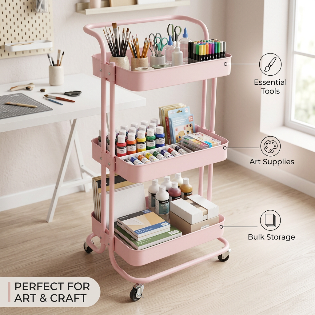 3-Layer Multipurpose Rolling Cart Light Pink 1pc