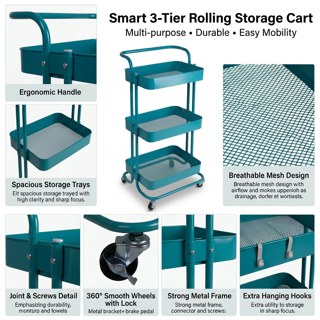 3-Layer Multipurpose Rolling Cart Teal 1pc