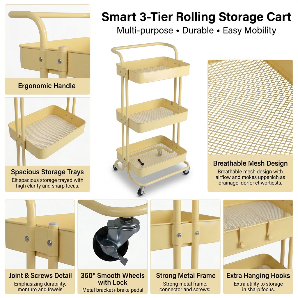 3-Layer Multipurpose Rolling Cart Light yellow 1pc