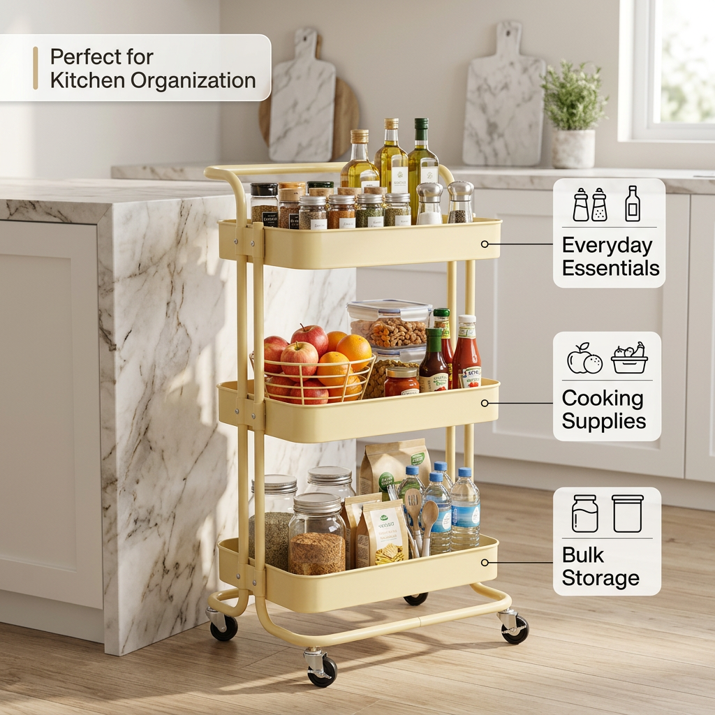 3-Layer Multipurpose Rolling Cart Light yellow 1pc