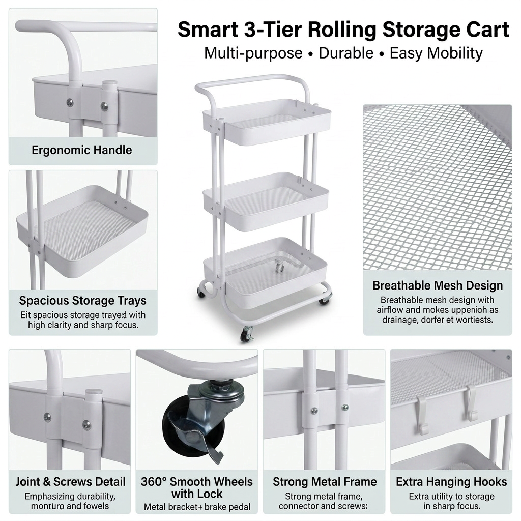 3-Layer Multipurpose Rolling Cart White 1pc