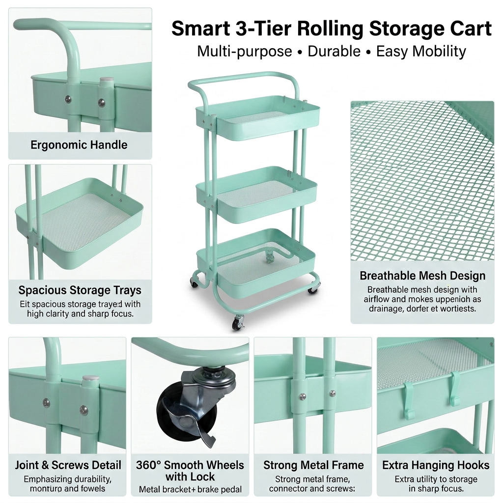 3-Layer Multipurpose Rolling Cart Mint Green 1pc