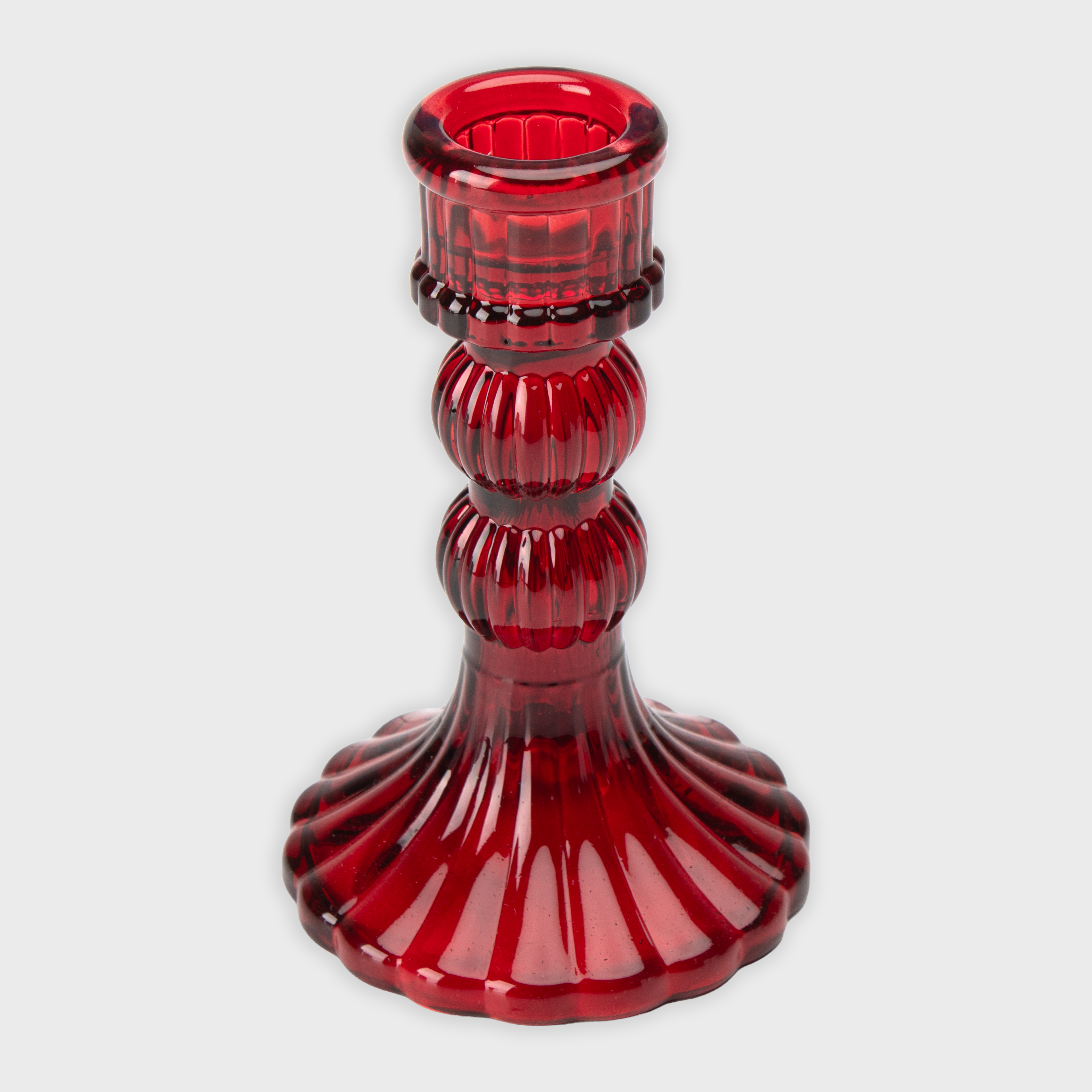 Crystal Striped Glass Candle Holder Double Ring Red 12.7 X 8cm 1pc