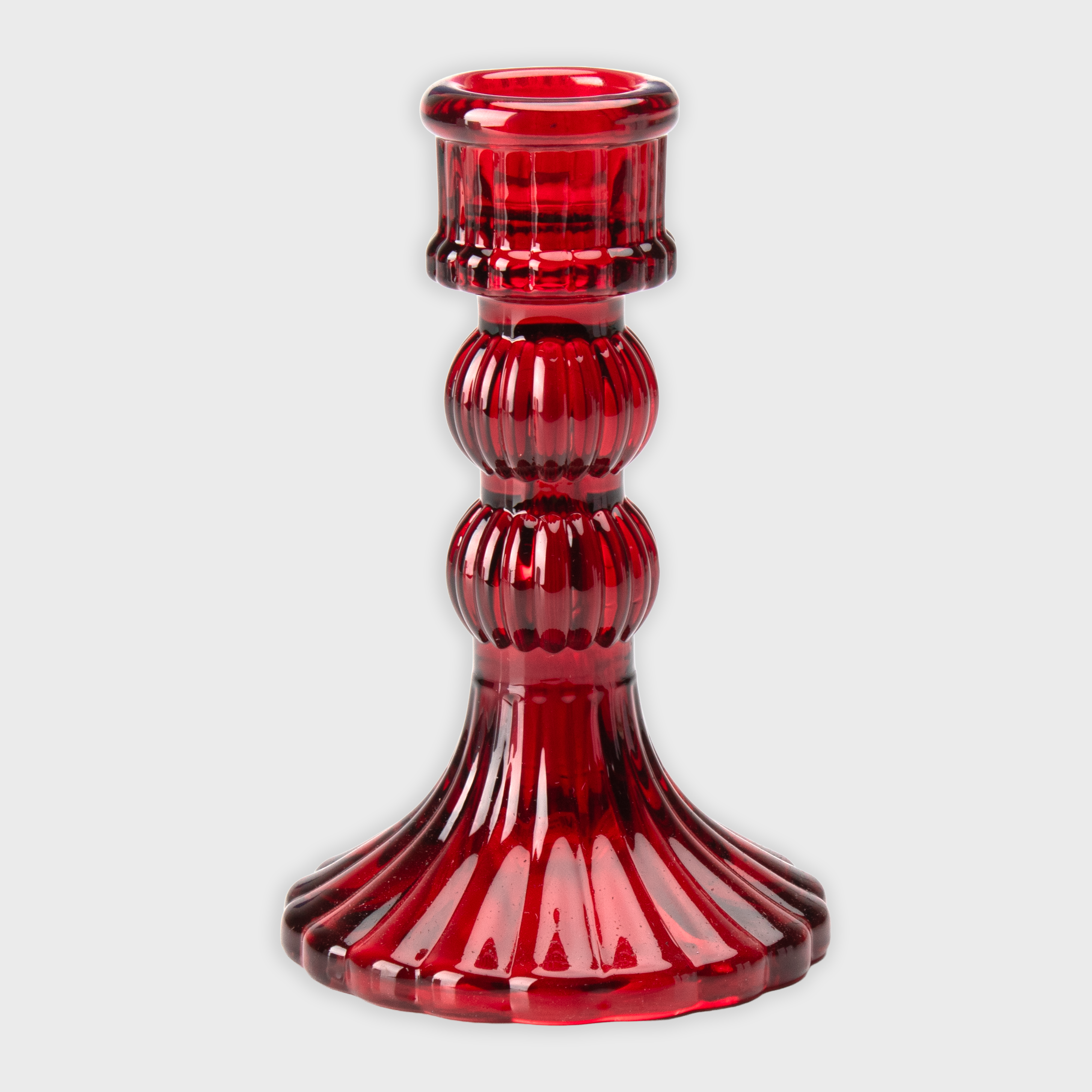 Crystal Striped Glass Candle Holder Double Ring Red 12.7 X 8cm 1pc