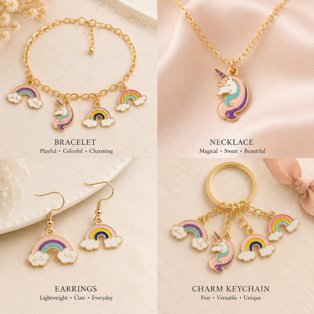 Enamel Metal Charms Rainbow Unicorn 4pc